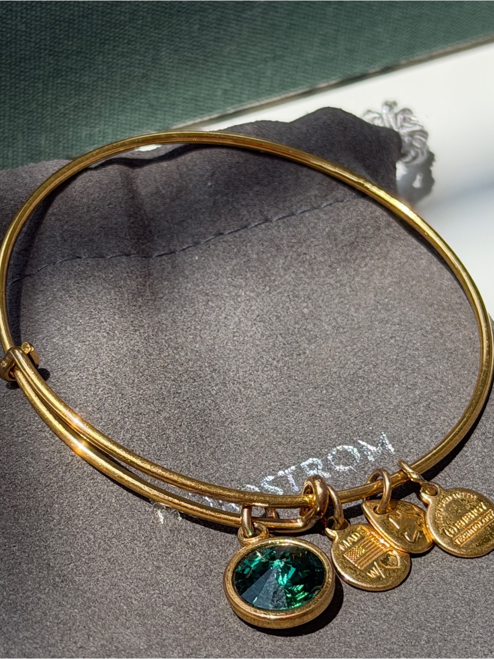 Alex and Ani Gold Emerald Green Crystal Charm Bangle Bracelet